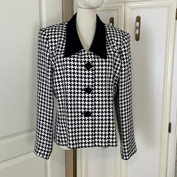 Vintage Kasper for A.S.L. Women's Blazer Sz 12 Navy White Houndstooth 80s/90s - Picture 2 of 7
